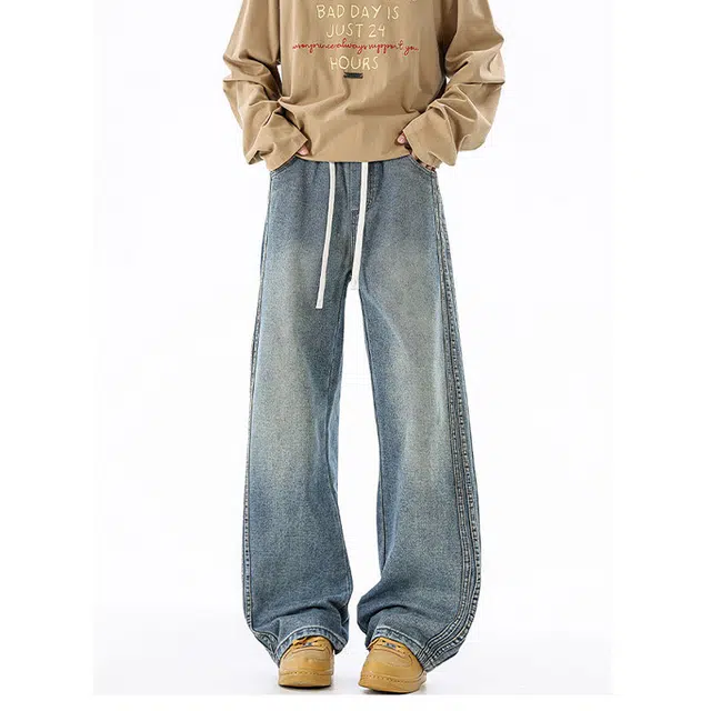 加荣 美式复古水洗直筒牛仔裤男秋季潮牌宽松阔腿裤男休闲百搭裤男款青少年痞帅男装裤子抽绳松紧弯刀裤男舒适拖地长裤 男女同款