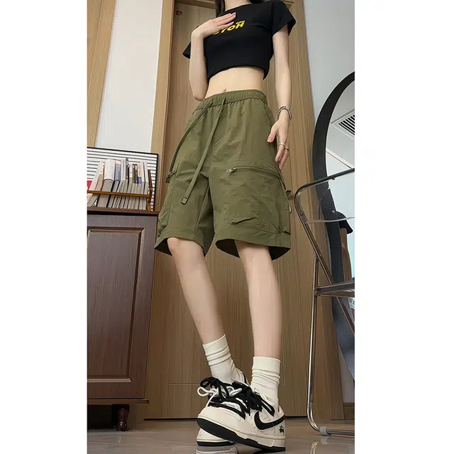 加荣 速干冰丝透气凉感松紧腰系带简约薄款纯色百搭户外休闲宽松大码五分工装短裤 男女同款