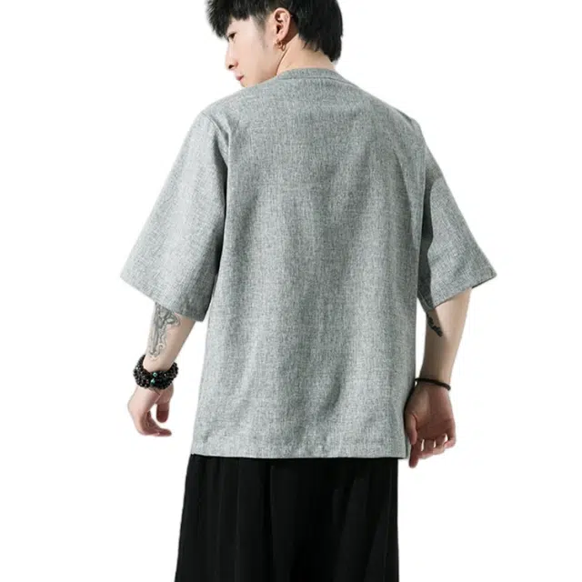 加荣 唐装中国风夏季薄款透气仿麻汉服短袖衬衫复古宽松盘扣立领潮流百搭大码青少年户外出行五分袖衬衣上衣 男女同款