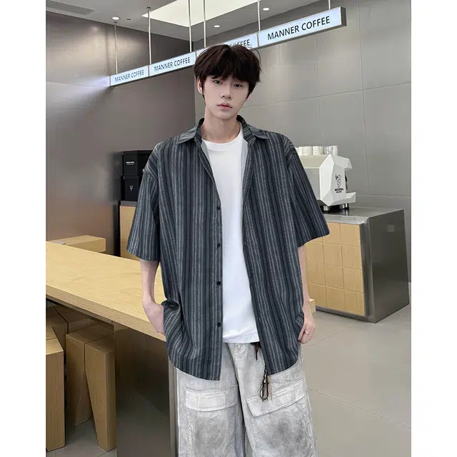 加荣 薄款透气复古条纹短袖衬衫 男女同款