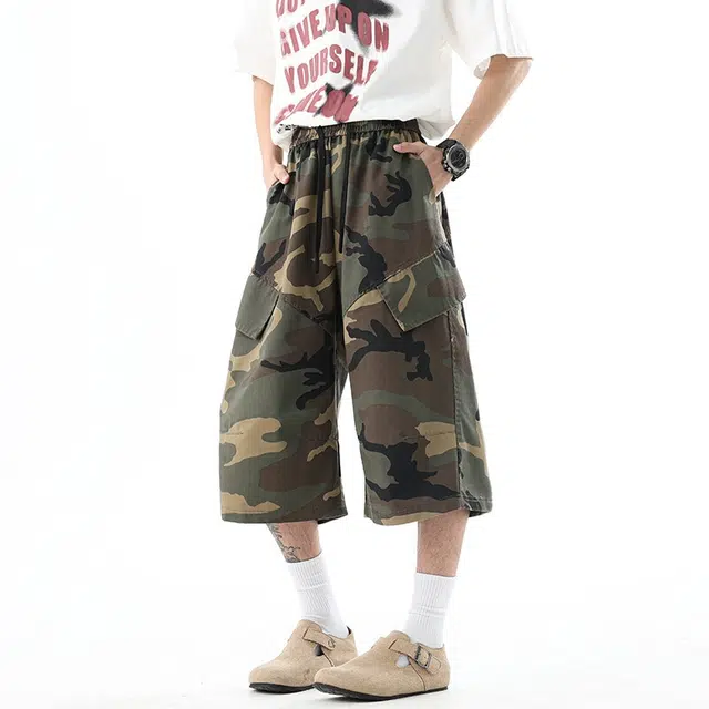 加荣 美式复古薄款透气潮牌百搭宽松阔腿裤休闲迷彩工装短裤 男女同款