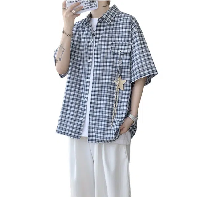 加荣 美式格纹休闲夏季轻薄透气潮牌青少年户外出行通勤百搭宽松慵懒风情侣衬衣短袖衬衫 男女同款