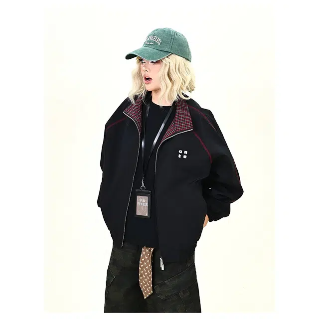 加荣 美式格子拼接设计拉链夹克男款简约字母刺绣立领插肩外衣女宽松潮牌男装上衣早秋街头复古冲锋衣男百搭运动休闲女装外套 男女同款