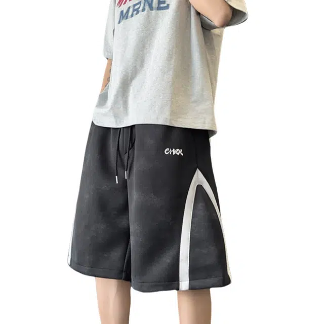 加荣 美式设计宽松大码拼接刺绣五分裤潮牌休闲短裤 男女同款