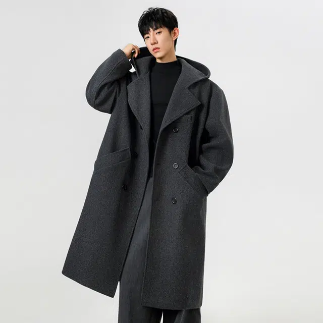 加荣 纯色基础款连帽高级感毛呢长款过膝青少帅气慵懒风松弛感防风风衣 男女同款
