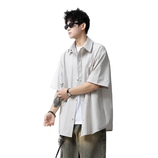 加荣 美式冰丝速干工装短袖衬衫男款夏季轻薄透气潮牌青少年户外出行百搭纯色痞帅小众高级感衬衣休闲外套上衣 男女同款