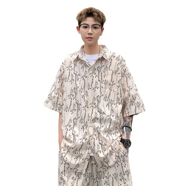 加荣 美式扎染冰丝时尚衬衫运动休闲套装男夏季薄款透气潮牌青少年户外出行通勤百搭痞帅短袖短裤两件套上衣 男女同款