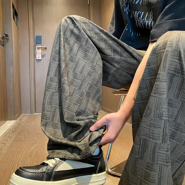 加荣 设计感格子凉感速干大码青少年潮流美式高级感直筒裤夏日薄款透气慵懒宽松阔腿裤抽绳长裤休闲裤 男女同款