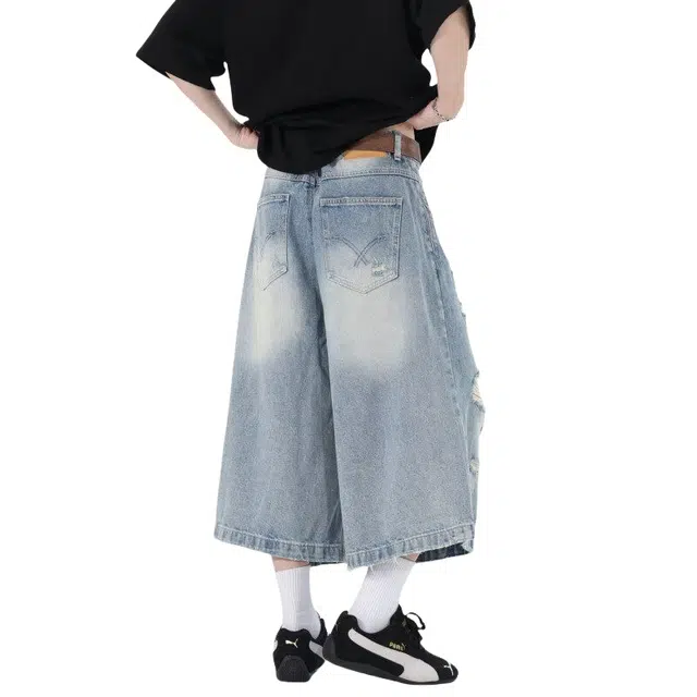 加荣 美式街头风小众破坏感薄款透气潮牌百搭水洗宽松休闲做旧七分牛仔短裤 男女同款