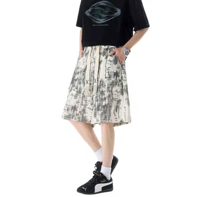 加荣 美式扎染印花男款夏季轻薄透气潮牌青少年日常出行百搭裤宽松码小众设计感抽绳松紧腰五分中裤外穿休闲短裤 男女同款