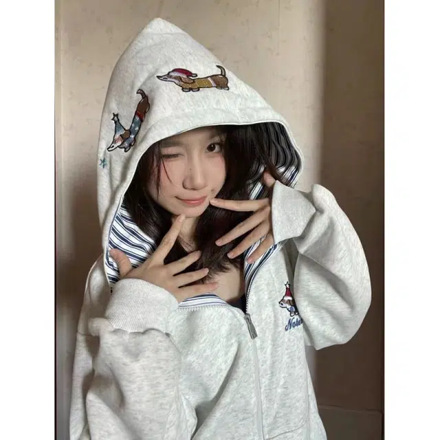 加荣 美式开衫字母腊肠小狗连帽复古宽松拉链慵懒百搭卫衣 男女同款