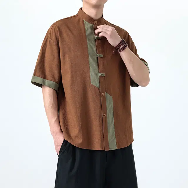 加荣 老钱风高端亚麻短袖衬衫男夏季薄款透气五分恤衬衣新中式男装盘扣唐装中国风复古拼接设计感汉服宽松休闲半袖上衣 男女同款
