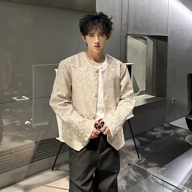 加荣 新中式短款垫肩夹克男中国风提花设计感高级西装男款早秋宽松痞帅外衣男装时尚洋气西服男慵懒风松弛感上衣礼服外套 男女同款