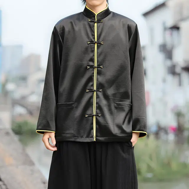 加荣 新中式长袖夹克男款简约百搭盘扣唐装男士秋季宽松休闲太极服男装上衣时尚高级感衬衣青少年款潮流立领中山装外套 男女同款