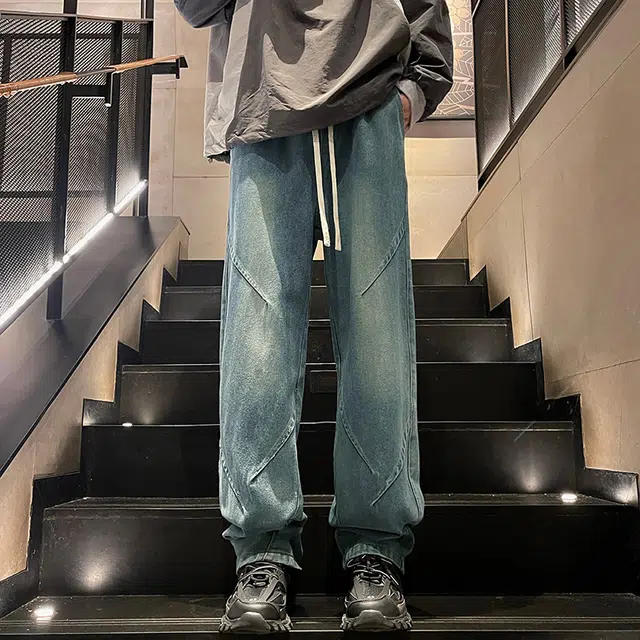 加荣 春秋通勤时尚男款裤慵懒风亲肤透气男拖地裤复古拼接设计感男士款裤高街水洗直筒裤男学院风日常男裤显高显瘦抽绳男长裤 男女同款