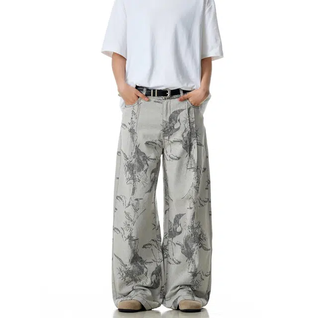 加荣 美式提花牛仔裤男秋季潮牌宽松直筒阔腿裤男款小众设计感工装裤男复古显瘦垂感拖地裤男士慵懒风微喇裤男装休闲百搭长裤 男女同款