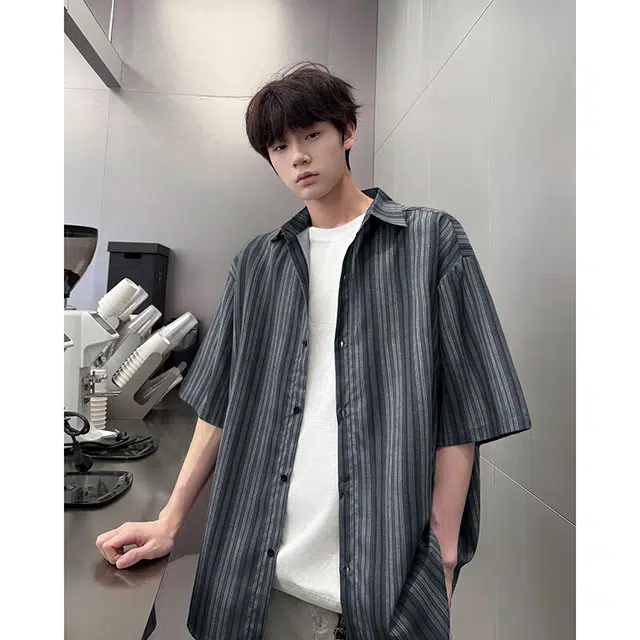 加荣 薄款透气复古条纹短袖衬衫 男女同款