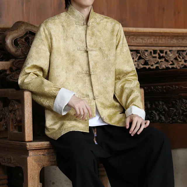 加荣 中国风秋季男士夹克宽松唐装立领提花改良汉服休闲男款复古潮流青少年上衣男装时尚国潮居士服男百搭高级感中山装外套 男女同款