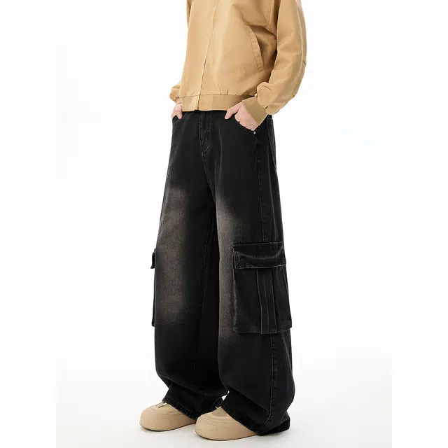 加荣 美式水洗牛仔裤男潮牌宽松阔腿裤男款小众设计感弯刀裤男装慵懒风松弛工装男潮流百搭多口袋裤男高街复古拖地长裤 男女同款