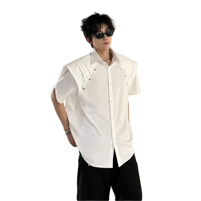 加荣 假两件拼接垫肩翻领衬衫男夏季轻薄透气小众设计感金属装饰短袖青少年日常通勤潮牌痞帅高级感半袖上衣 男女同款