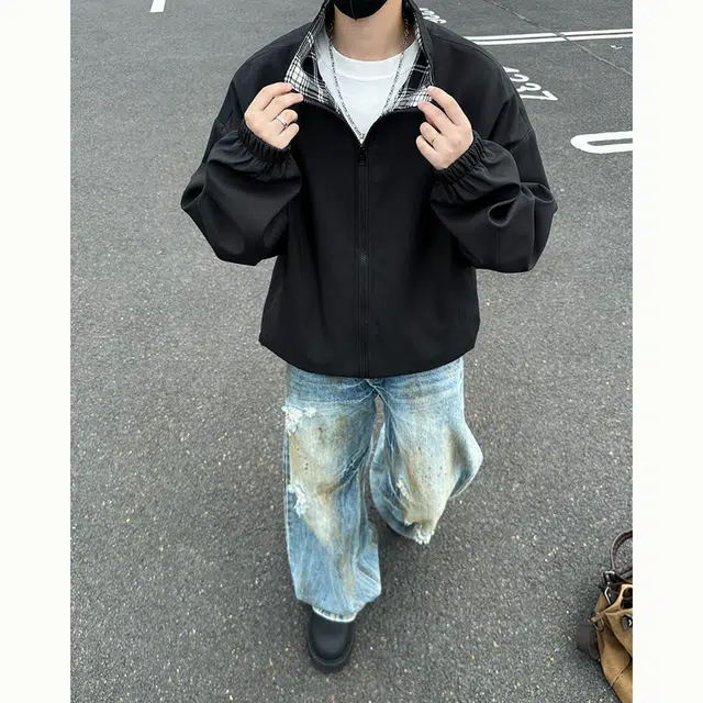 加荣 美式复古格子拼接立领夹克男宽松百搭男款上衣青少年痞帅男装长袖飞行服时尚高端休闲衣男士小众设计感开衫工装外套  男女同款