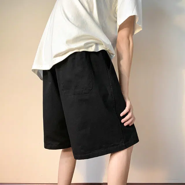 加荣 纯棉短裤男夏季薄款透气休闲裤宽松直筒裤夏天男士户外运动裤青少年美式篮球裤松紧腰裤子日系复古五分裤 男女同款 纯色简约中裤