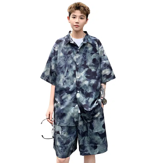 加荣 美式扎染印花冰丝凉感短袖衬衫上衣夏季薄款透气潮牌青少年户外出行通勤百搭短裤休闲运动套装 男女同款