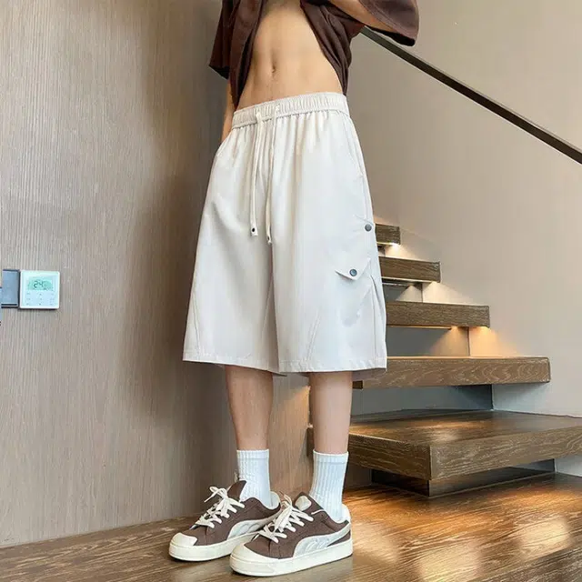 加荣 夏季薄款透气凉感冰丝褶皱设计五分裤潮牌痞帅高街青少年工装短裤 男女同款