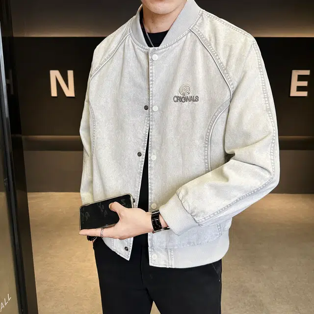 加荣 莱赛尔天丝牛仔衣秋季时尚高端休闲男装潮牌痞帅棒球服男士刺绣字母设计夹克男款宽松百搭上衣男小众慵懒风松弛感外套 男女同款