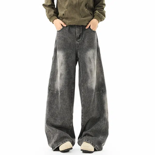 加荣 早秋宽松水洗做旧牛仔裤男美式复古分割拼接弯刀裤男款休闲阔腿裤直筒百搭男士裤子时尚高级感痞帅拖地长裤 男女同款