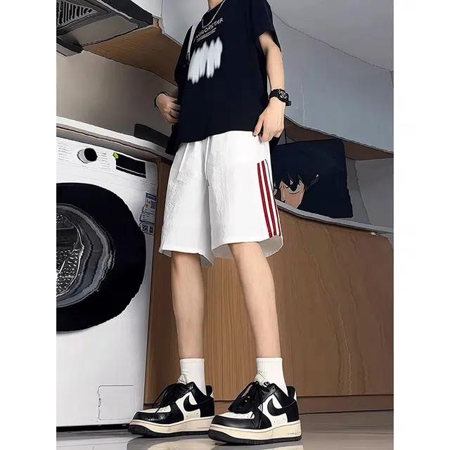 加荣 美式条纹拼接薄款速干篮球运动裤子宽松五分裤休闲短裤 男女同款