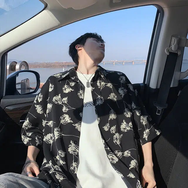 加荣 满印薄款翻领宽松休闲夏季短袖衬衫 男女同款