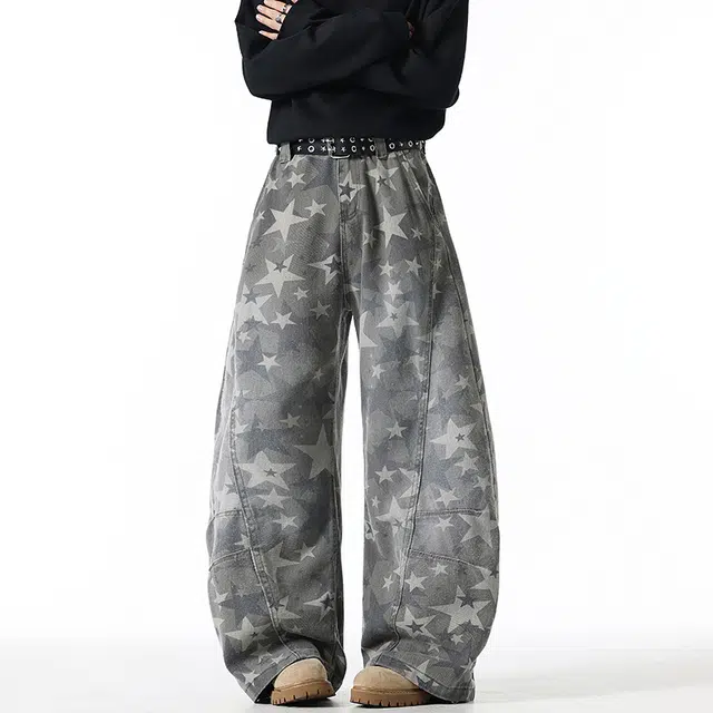 加荣 美式复古星星印花做旧牛仔裤男秋季宽松休闲裤男潮流百搭弯刀裤男士慵懒风松弛感直筒裤男款青少年帅气男装裤子高级长裤 男女同款
