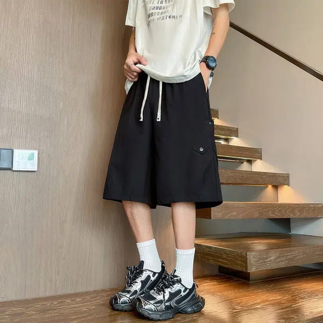 加荣 夏季薄款透气凉感冰丝褶皱设计五分裤潮牌痞帅高街青少年工装短裤 男女同款