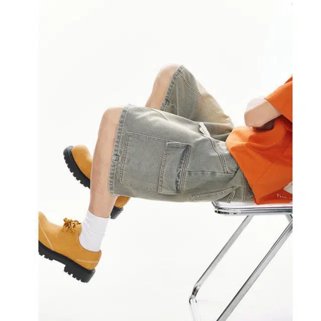 加荣 薄款透气潮牌工装五分裤美式高街直筒宽松复古风格做旧抽绳松紧设计牛仔短裤 男女同款