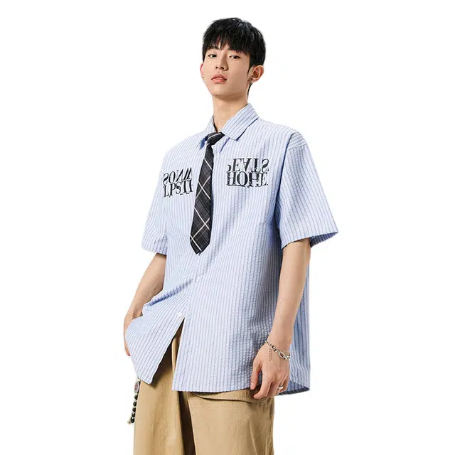 加荣 学院薄款透气泡泡条纹领带美式潮牌宽松帅气休闲短袖衬衫 男女同款