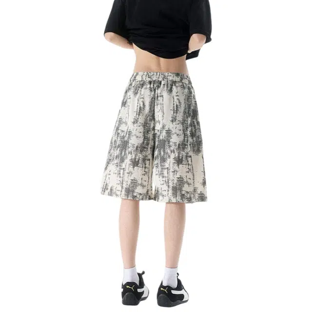 加荣 美式扎染印花男款夏季轻薄透气潮牌青少年日常出行百搭裤宽松码小众设计感抽绳松紧腰五分中裤外穿休闲短裤 男女同款