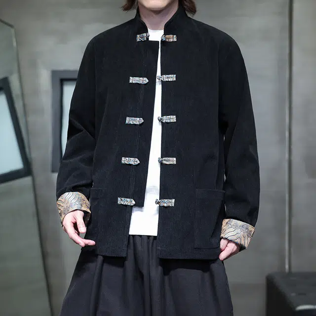 加荣 中国风撞色提花灯芯绒夹克男春秋款新中式男装衬衫宽松潮牌唐装男款休闲复古风盘扣衬衣男士长袖上衣改良古装汉服外套 男女同款