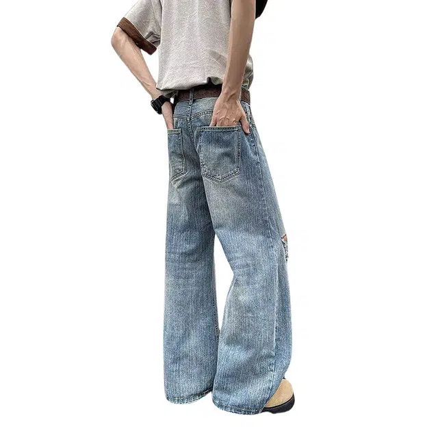 加荣 水洗破洞做旧夏季薄款透气潮流百搭休闲裤美式高街宽松直筒阔腿弯刀裤小众设计感青少年户外出行拖地裤牛仔裤 男女同款