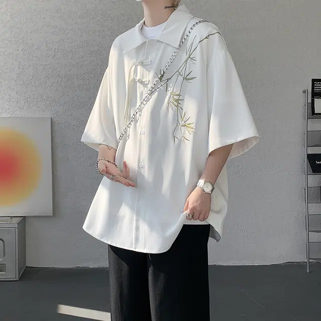 加荣 新中式盘扣薄款透气高级感国风竹子刺绣冰丝盘扣外套特国风短袖衬衫 男女同款
