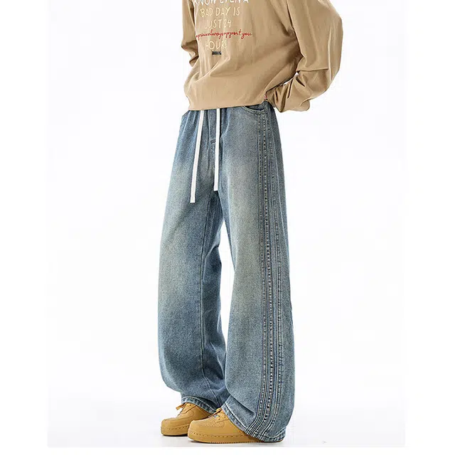 加荣 美式复古水洗直筒牛仔裤男秋季潮牌宽松阔腿裤男休闲百搭裤男款青少年痞帅男装裤子抽绳松紧弯刀裤男舒适拖地长裤 男女同款