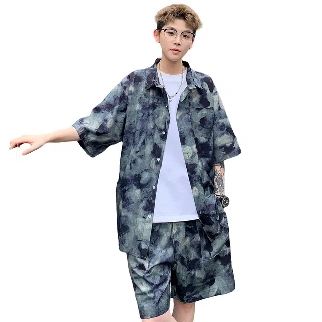 加荣 美式扎染印花冰丝凉感短袖衬衫上衣夏季薄款透气潮牌青少年户外出行通勤百搭短裤休闲运动套装 男女同款
