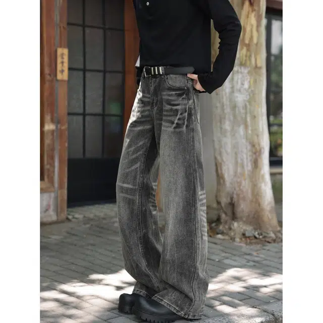 加荣 美式复古高街情侣牛仔裤时尚休闲百搭宽松舒适男闪电裂纹潮流潮牌直筒女春秋日常通勤高级女秋裤男裤子 男女同款
