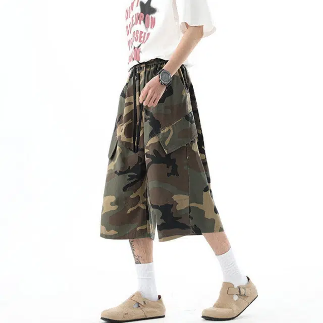 加荣 美式复古薄款透气潮牌百搭宽松阔腿裤休闲迷彩工装短裤 男女同款