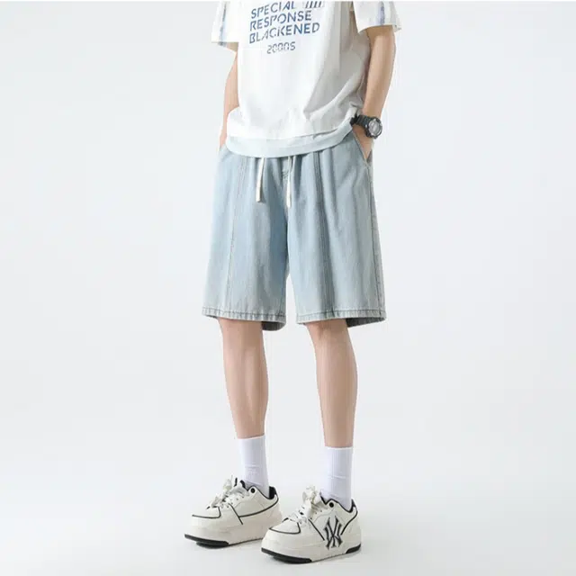 加荣 美式夏季薄款透气休闲宽松抽绳直筒水洗高街潮流复古青少年运动牛仔短裤 男女同款