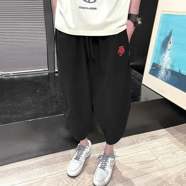 加荣 薄款中国风直筒裤复古刺绣灯笼裤大码哈伦裤七分裤休闲短裤 男女同款