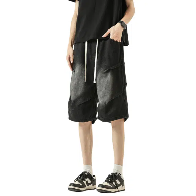 加荣 美式小众设计感青少年日常出行通勤褶皱直筒五分裤男夏季轻薄透气休闲中裤潮牌百搭高街牛仔短裤 男女同款