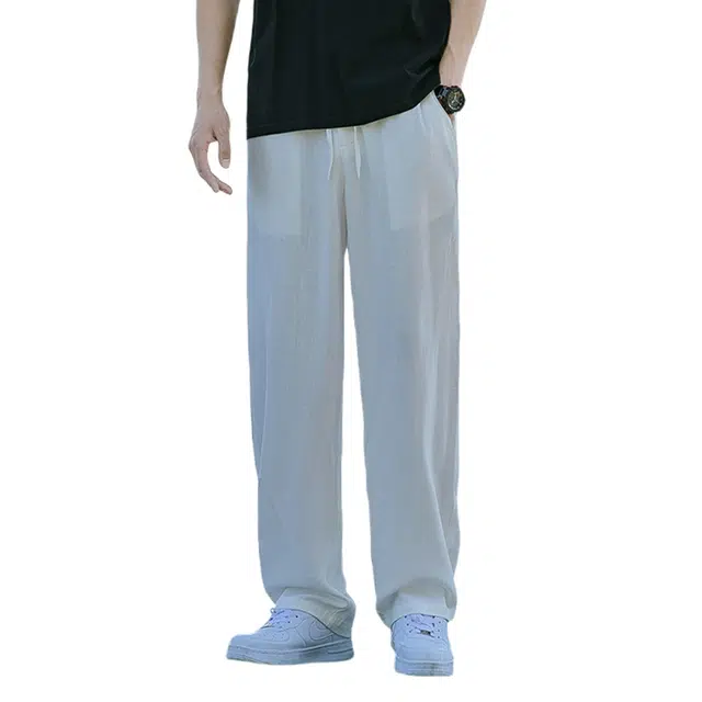 加荣 男士高端凉感天丝亚麻裤男夏季薄款透气棉麻裤子夏天清凉舒适冰丝裤宽松直筒轻奢简约休闲裤中国风中式男装大码阔腿长裤 男女同款