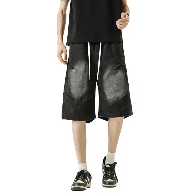 加荣 美式小众设计感青少年日常出行通勤褶皱直筒五分裤男夏季轻薄透气休闲中裤潮牌百搭高街牛仔短裤 男女同款