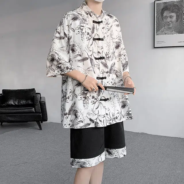 加荣 户外百搭时尚短裤薄款凉感休闲盘扣国潮短袖衬衫套装 男女同款